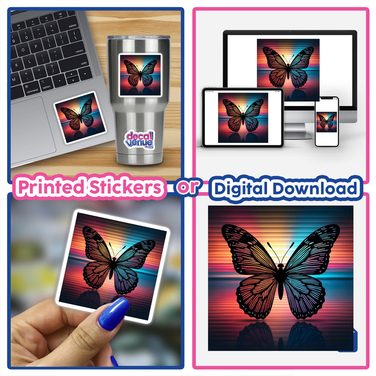 Butterfly Silhouette with Multi-Color Stripes as stickers and digital download, shown on a laptop and a stainless steel mug, held by a hand.