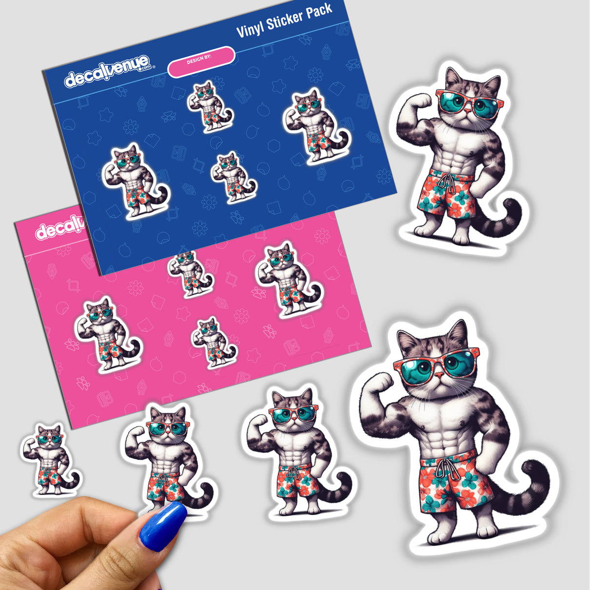 Sticker featuring a muscular bodybuilder flexing cat wearing swim trunks and sunglasses, available as a vinyl sticker or digital artwork from Decal Venue, specializing in unique designs.