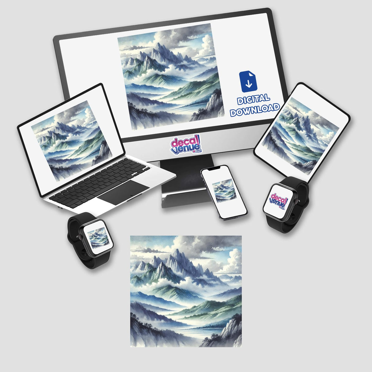 Mountain Majesty - Watercolor Peaks and Valleys displayed on a laptop screen, featuring a detailed painting of mountains and clouds, available as stickers or digital artwork.