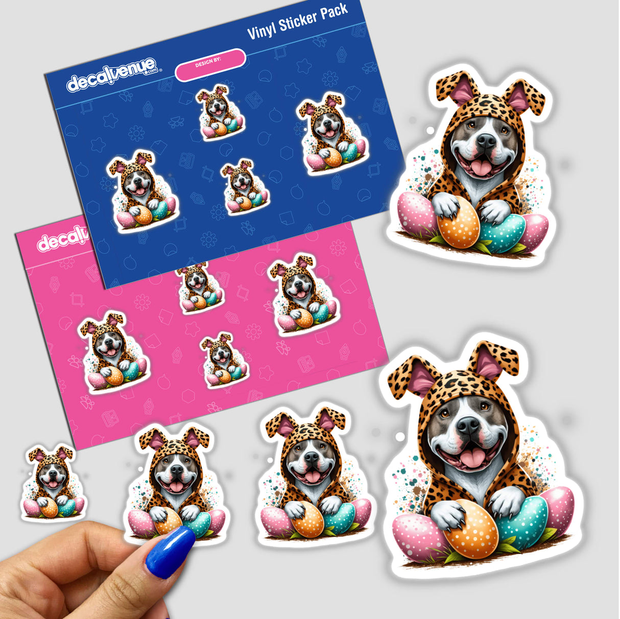 Easter Pitbull in Leopard Bunny Outfit sticker pack, featuring a cartoon dog in a hoodie holding colorful eggs, available as unique vinyl stickers or digital artwork from Decal Venue.
