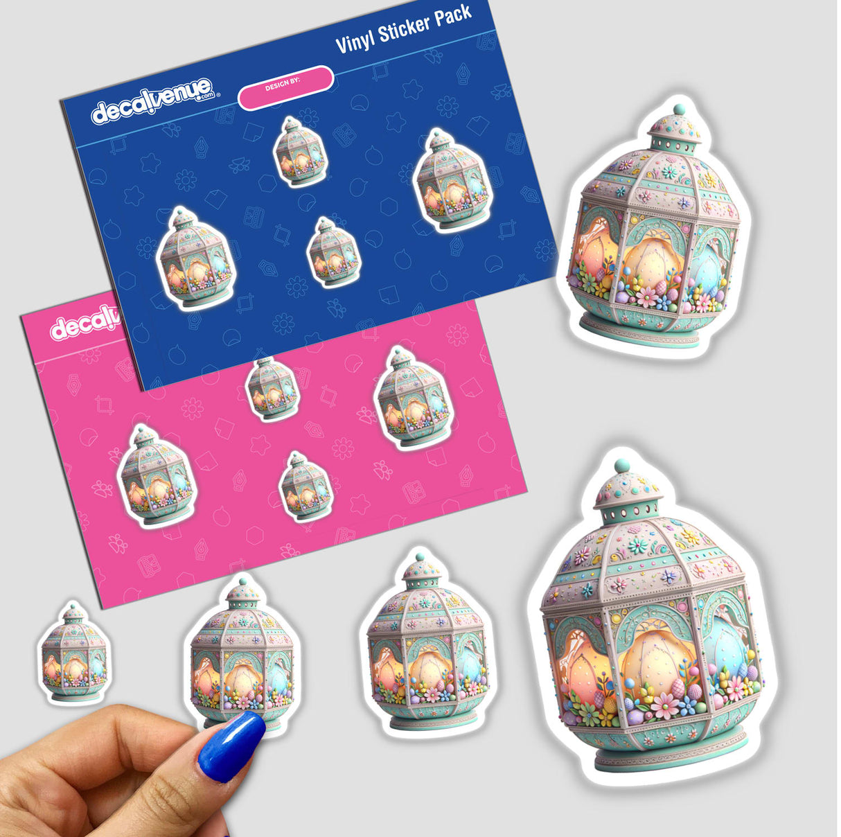 Sticker pack featuring the Colorful Easter Lantern Embellished With Flowers, depicting a hand holding a sticker. Available as stickers or digital artwork from Decal Venue's unique collection.