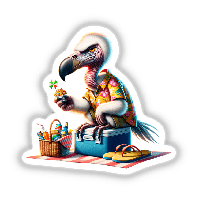 Vacation Vulture Having a Picnic: A cartoon bird sits on a picnic bag holding a bowl of food, available as stickers or digital artwork.