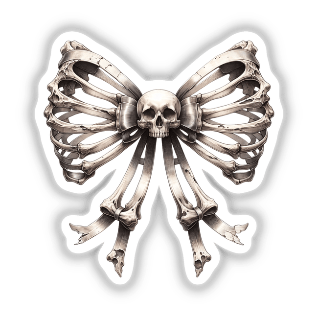 Eerie Skeleton Bow Motif - Unique digital artwork featuring a macabre yet ornate design with a skull and bone elements arranged in the shape of a butterfly bow.