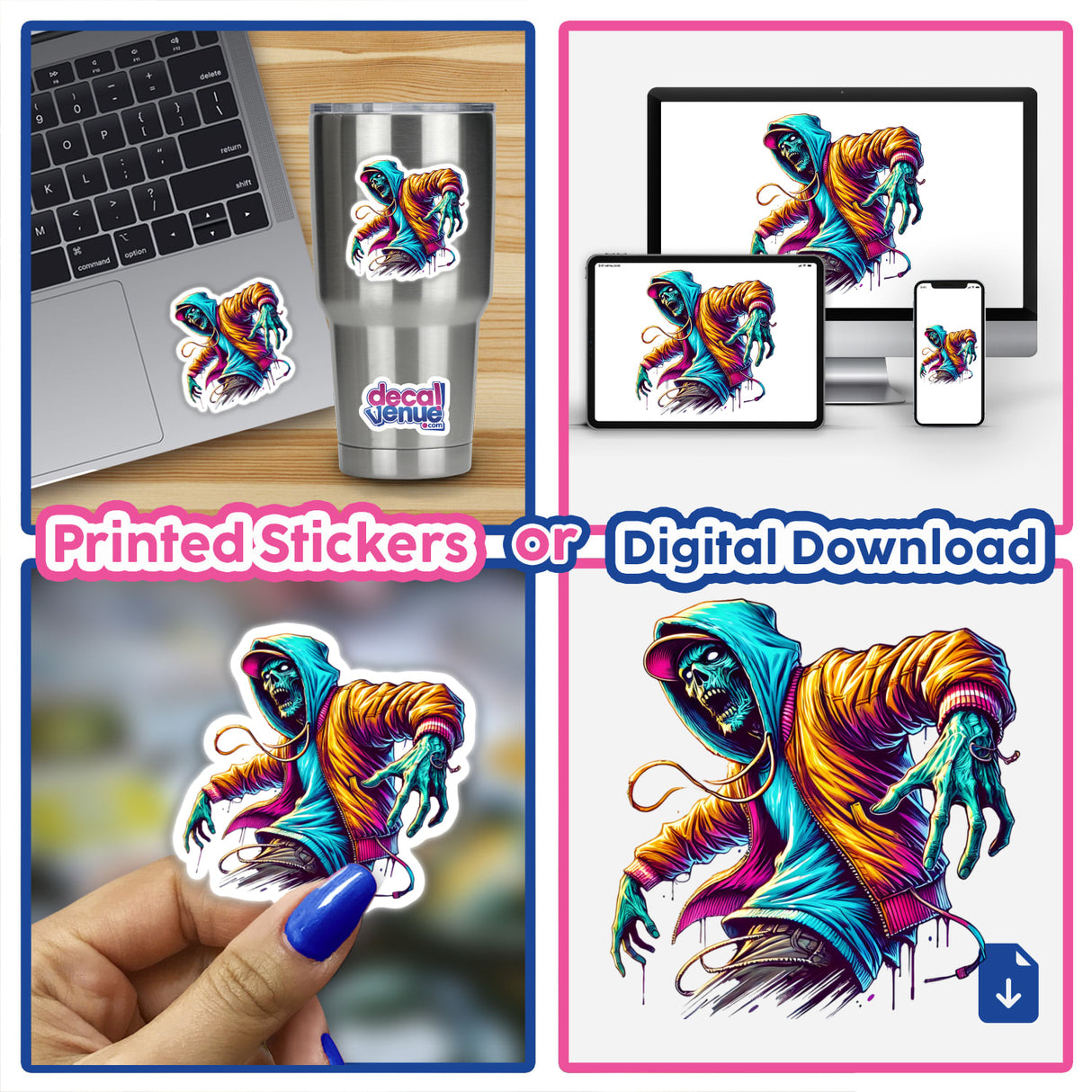 Collage featuring Zombie Wearing Hoodie Urban Vibes stickers and digital artwork, including close-ups of hoodies and cartoon zombies, showcased on laptops and held by a person.