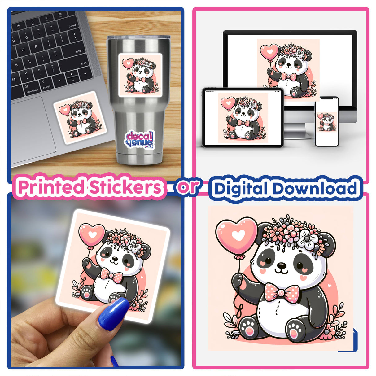 Cute Panda with Flower Crown and Heart Balloon sticker; features a cartoon panda holding a balloon, ideal for laptops, cups, or as digital artwork from Decal Venue's unique collection.
