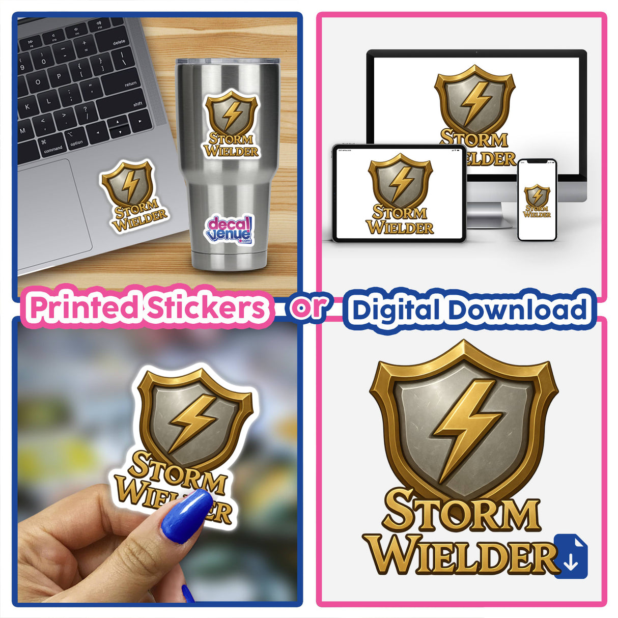 Storm Wielder – RPG-Style Skill Badge featuring a dynamic Gold & Silver Lightning Crest, available as stickers or digital artwork. Perfect for fans of unique vinyl designs from Decal Venue.