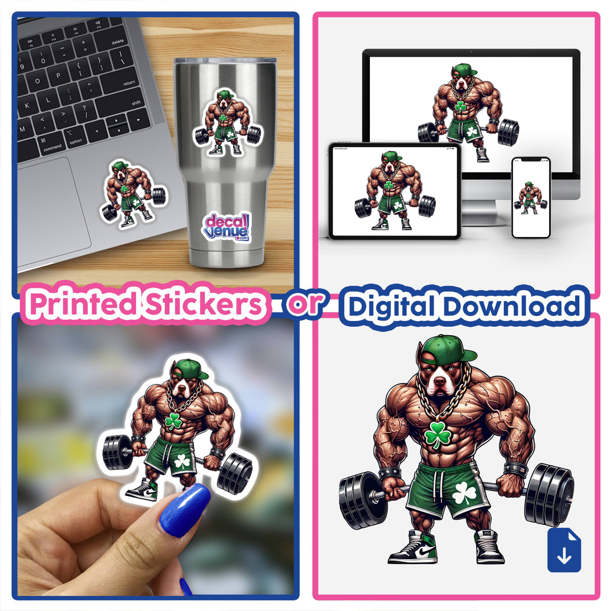 A collage featuring the Irish Pitbull Muscular Hip Hop Workout Dog as stickers and digital artwork, showcasing a muscular cartoon dog lifting weights, ideal for fitness-themed decals.