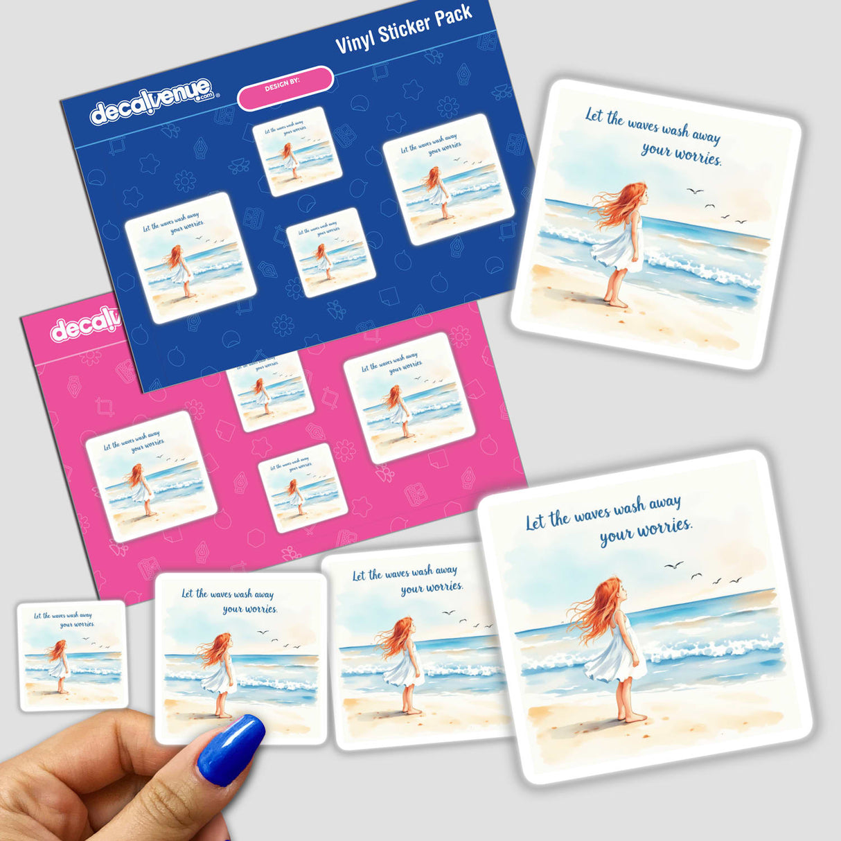 Sticker pack featuring Young Girl on a Sandy Beach – Let the waves wash away your worries, depicting a serene beach scene with a girl, available as stickers or digital artwork.