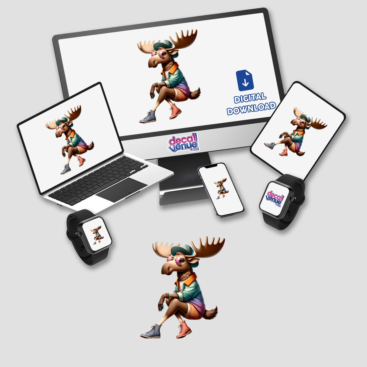 Moose in Fashionable Clothing displayed on a computer monitor and laptop, available as stickers or digital artwork.