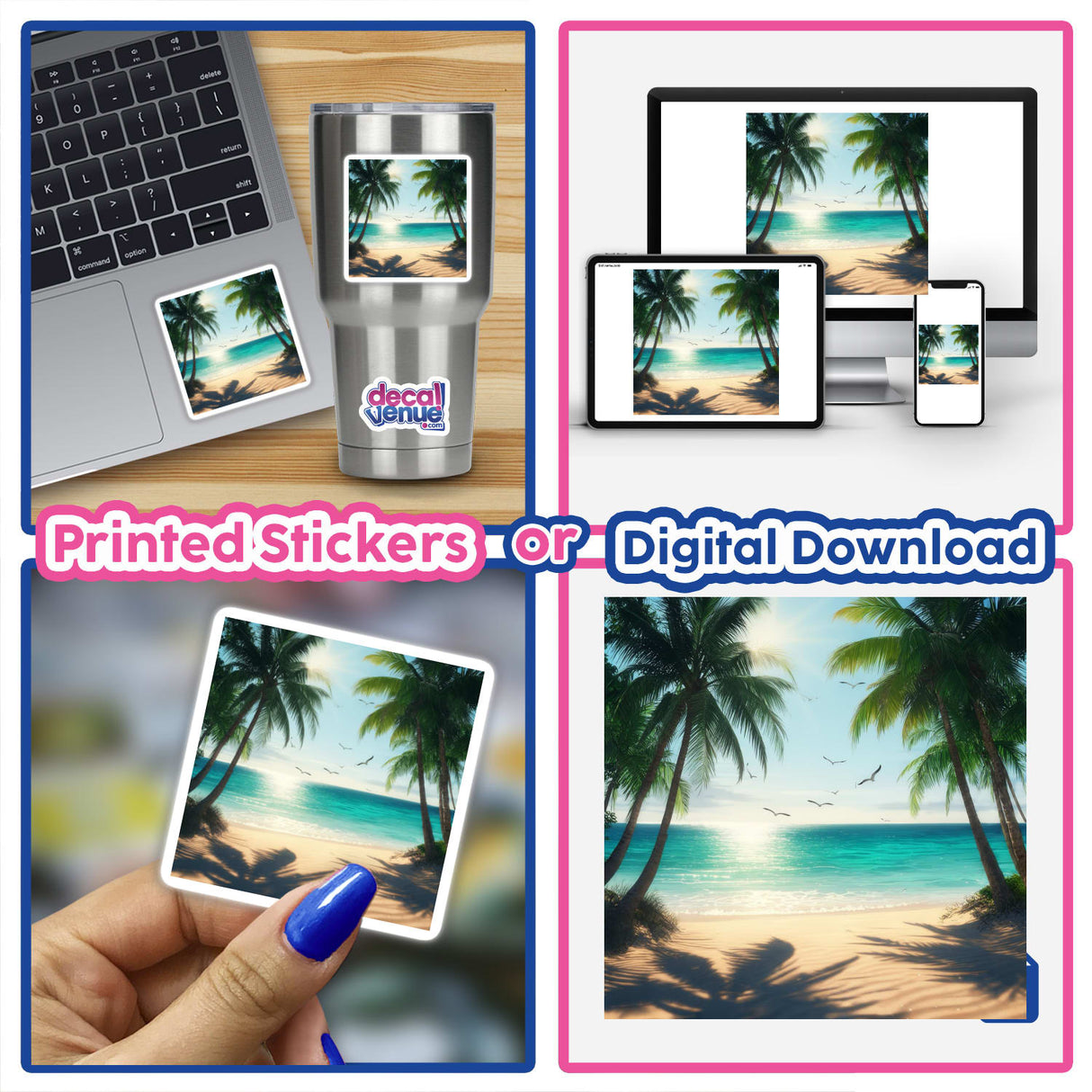 Tropical Paradise Seagulls Over Ocean Shore features a silver cup adorned with a vibrant beach scene, palm trees, and seagulls, available as unique stickers or digital artwork from Decal Venue.