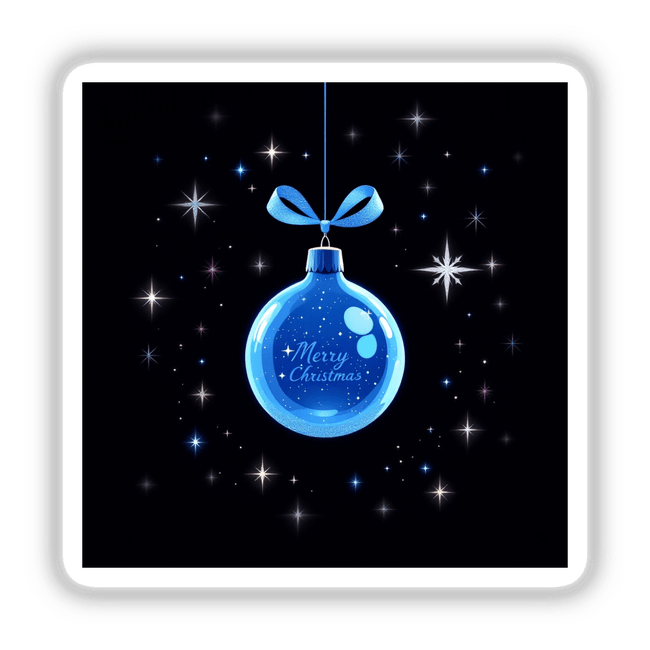 Blue Ornament with Silver Ribbon and Glitter Stars, featuring a festive bow and Merry Christmas text, available as unique stickers or digital artwork from Decal Venue.