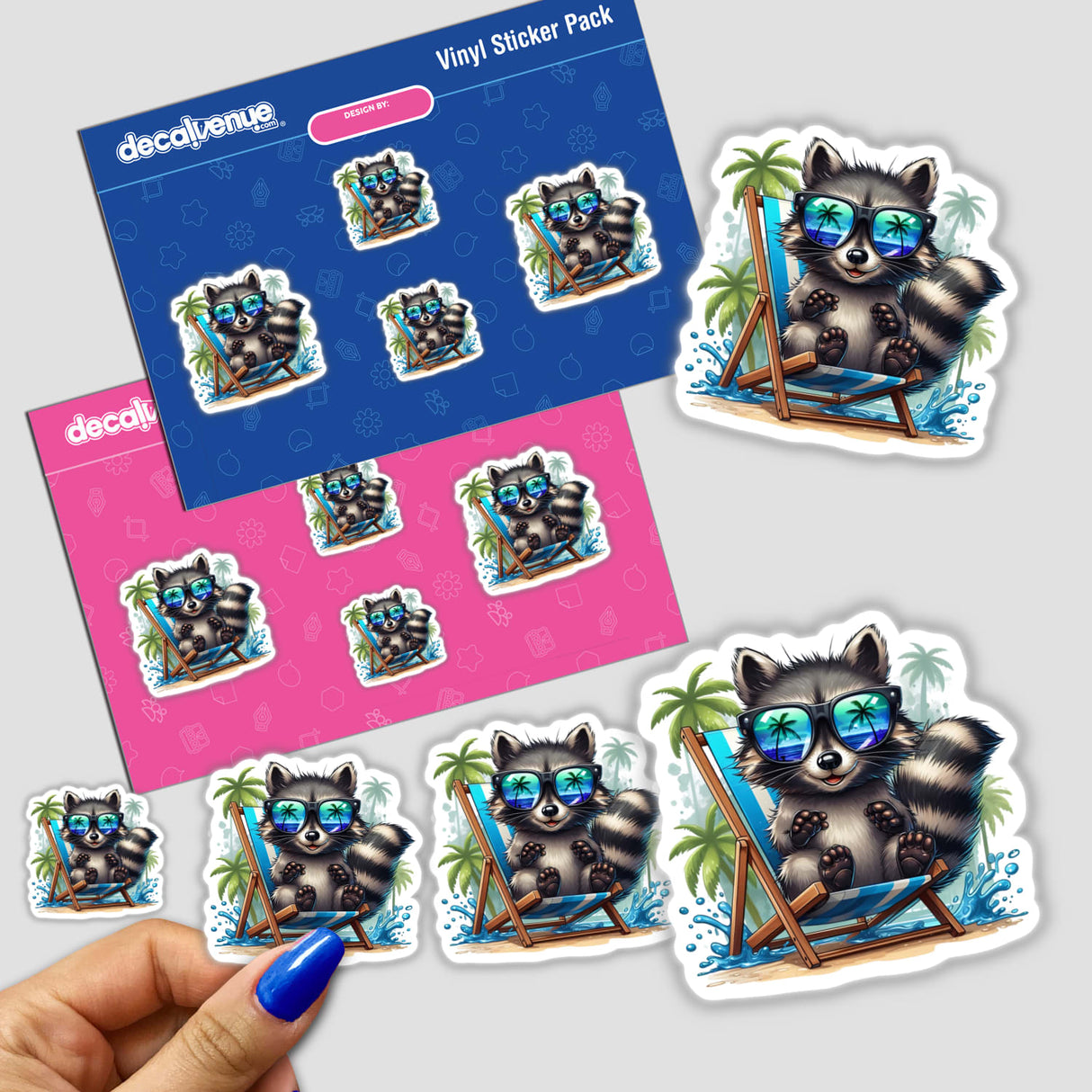 Happy Beach Raccoon Sitting in Beach Chair sticker, featuring a cartoon raccoon with sunglasses lounging on a deck chair, available as a unique vinyl sticker or digital artwork from Decal Venue.