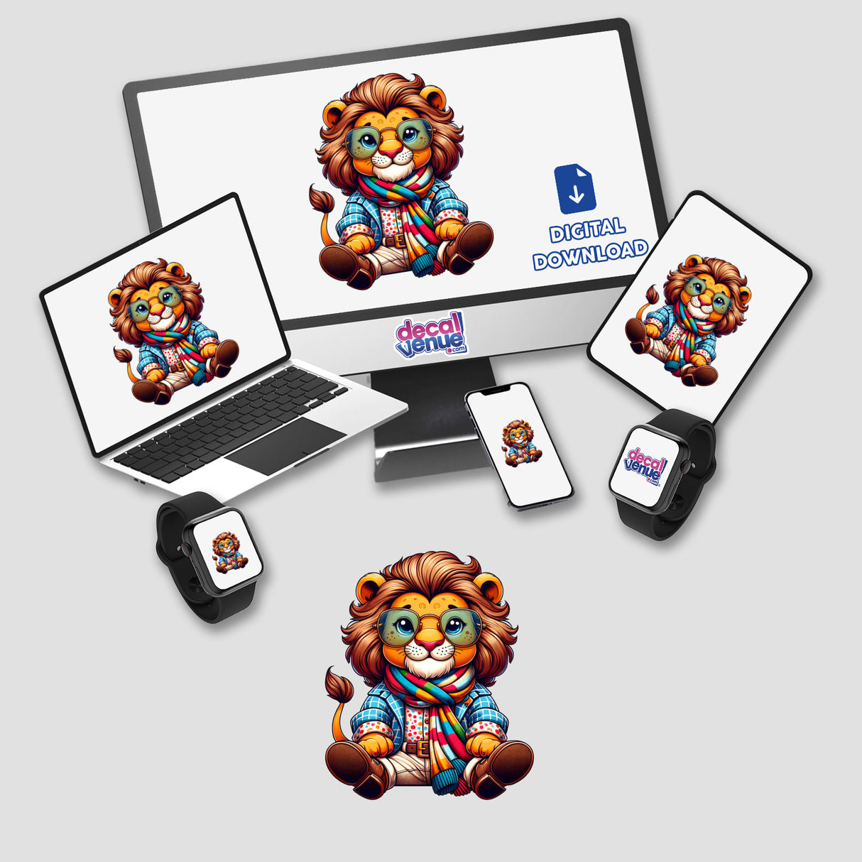 Stylish Lion digital artwork displayed on a computer monitor, laptop, tablet, and phone, featuring a cartoon lion wearing sunglasses and a scarf. Available as stickers or digital art from Decal Venue.