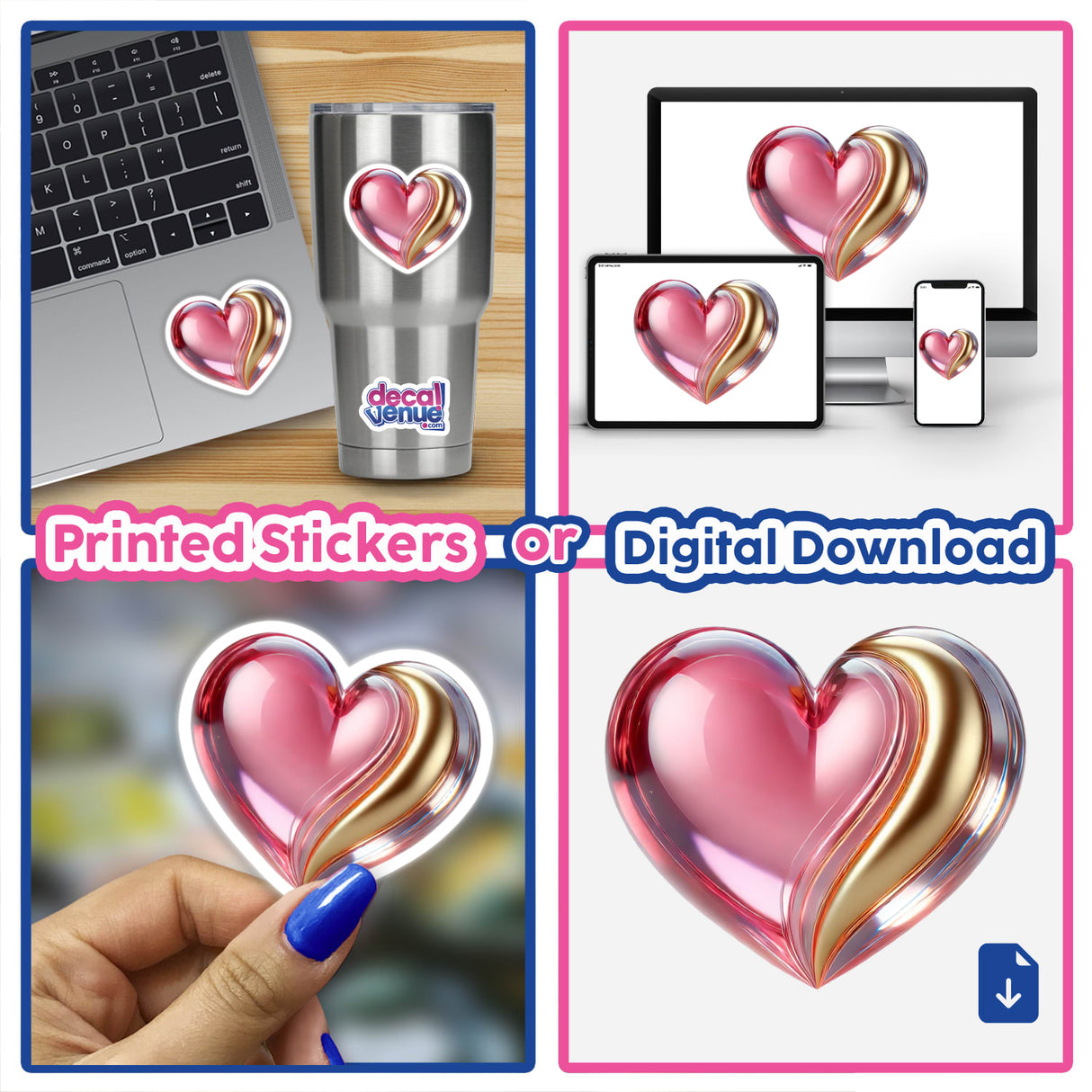 Collage showcasing the Heart Pink and Gold design: includes a heart-shaped glass object, a heart sticker on a laptop, and close-ups of heart-themed elements. Available as stickers or digital artwork.