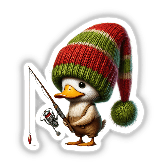 Cartoon duck gnome with a hat, holding a fishing pole. Available as stickers or digital artwork.