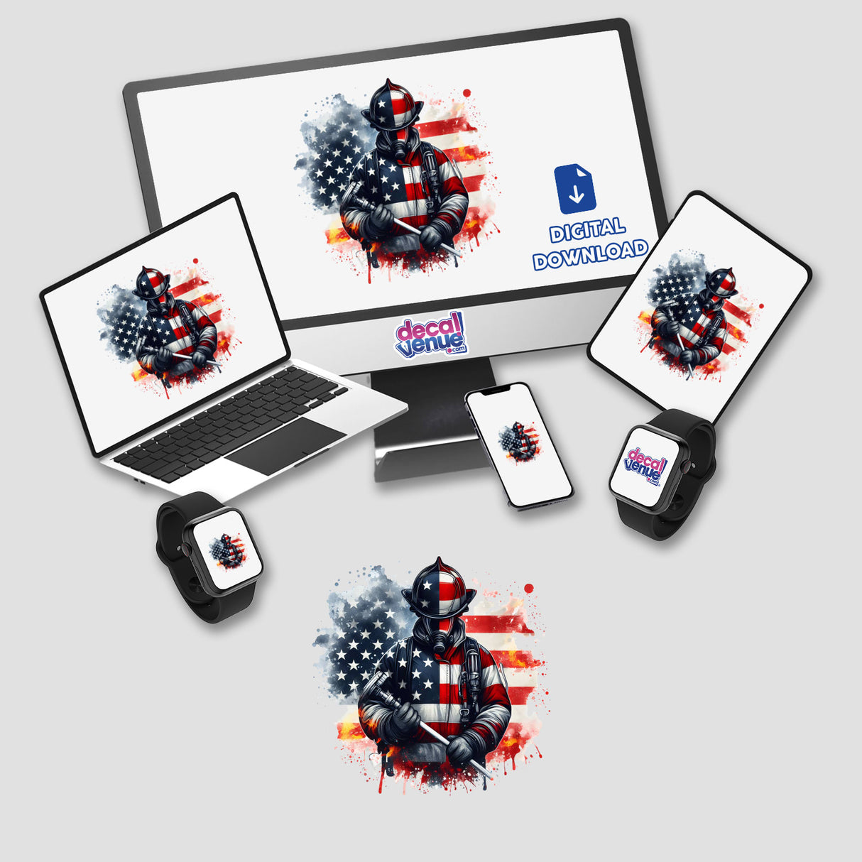 Artistic American flag-inspired firefighter digital artwork with bold colors and abstract design, showcased across various electronic devices.