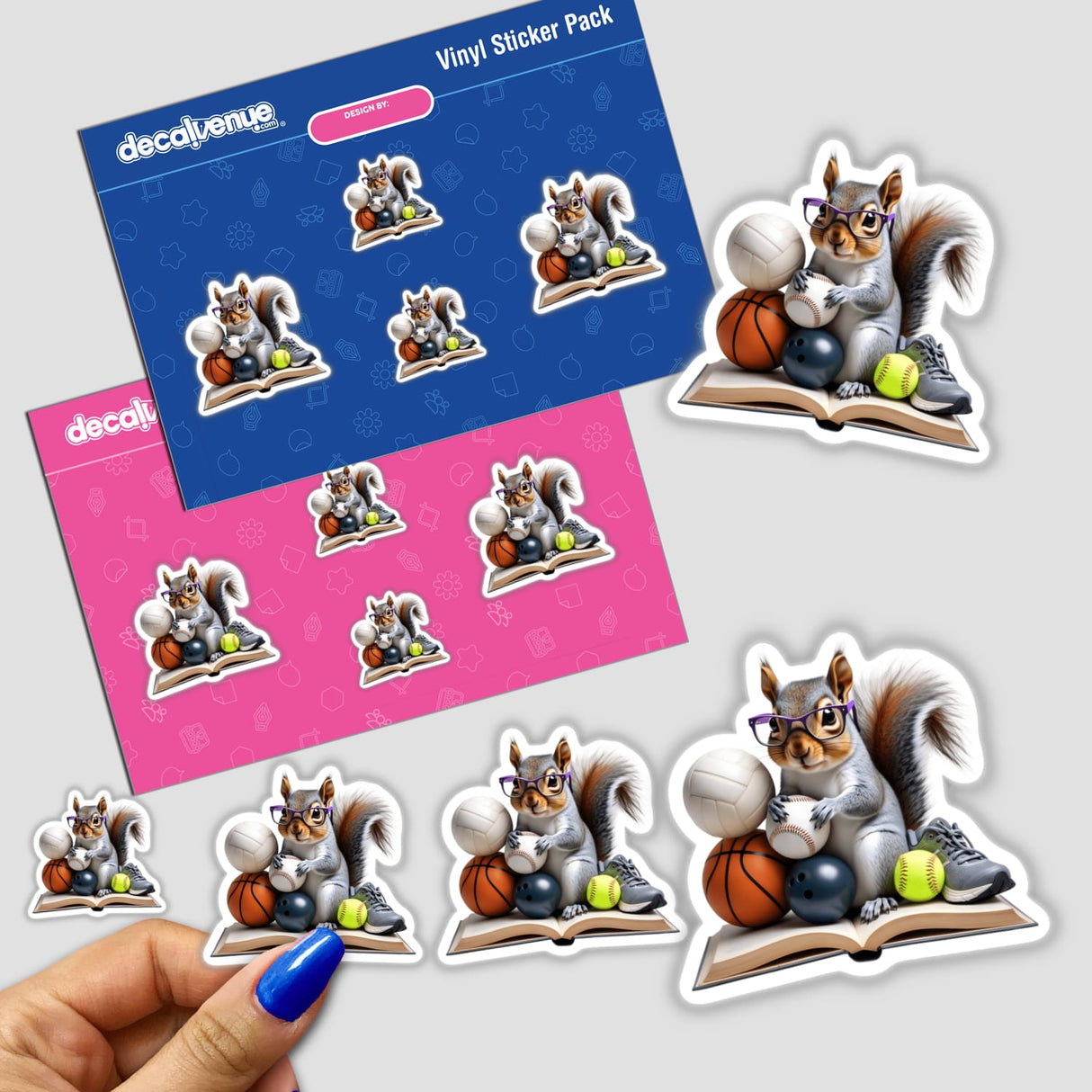 Squirrel Reading a Book with Purple Glasses and Sports Balls sticker features a cartoon squirrel holding books and sports balls, perfect for fans of quirky, unique vinyl decals from Decal Venue.