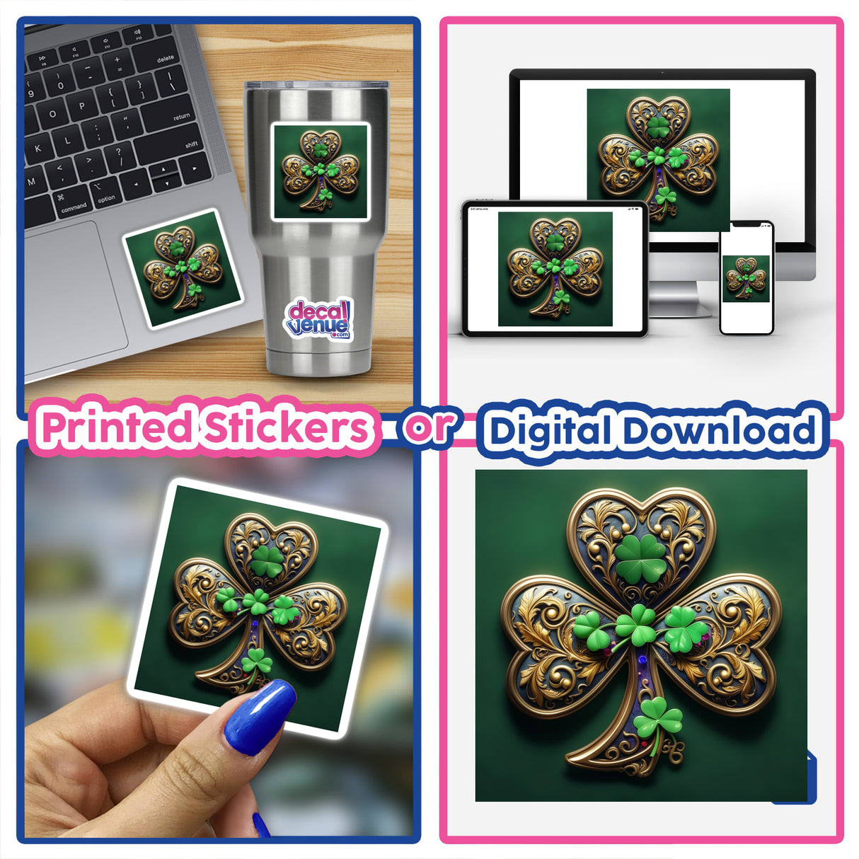 Luxurious Ornate Shamrock with Golden Filigree and Gem Accents, showcased through a collage, available as stickers or digital artwork, highlighting intricate design in Decal Venue's unique vinyl sticker collection.