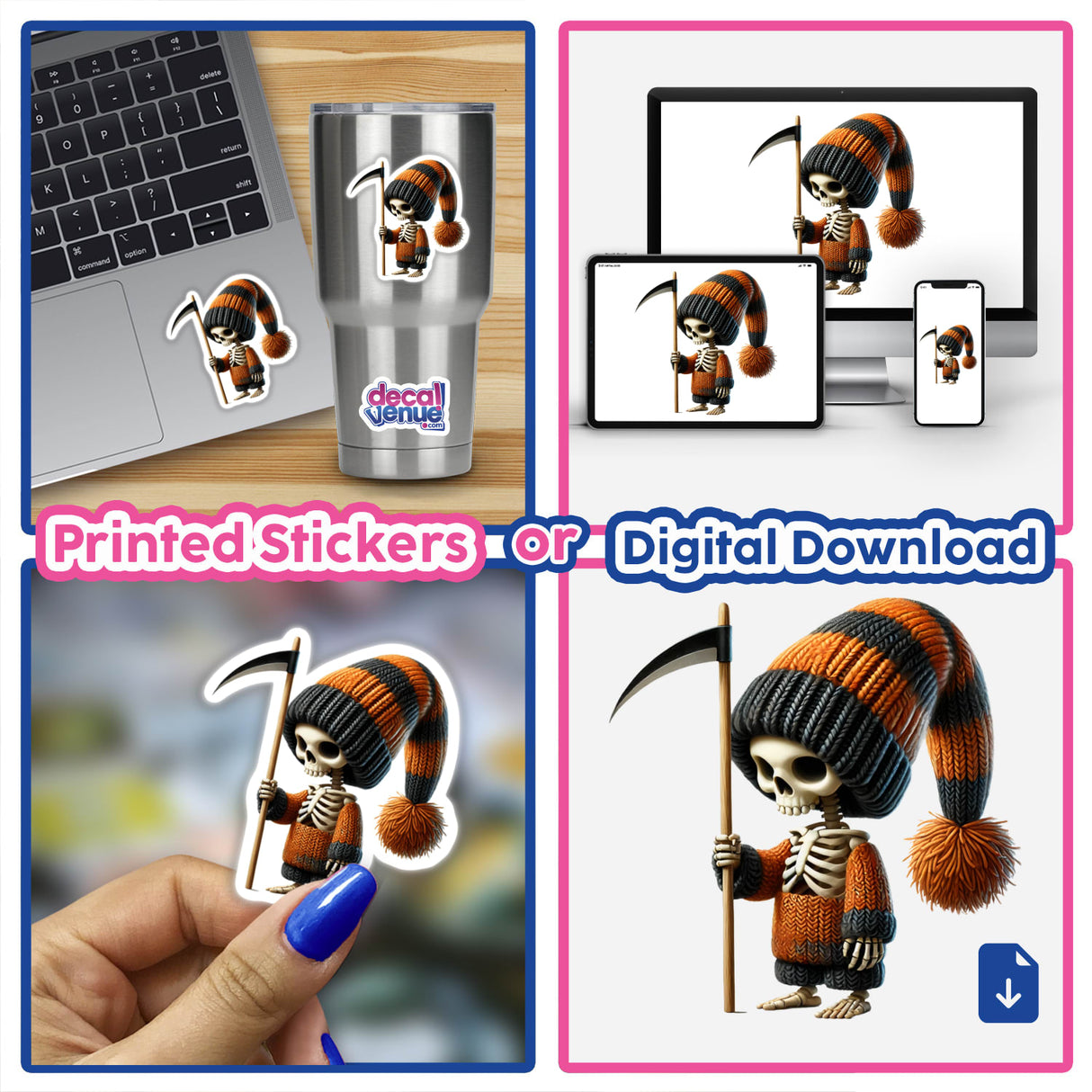 Colorful skeleton gnome character with scythe displayed on stickers, digital artwork, and merchandise