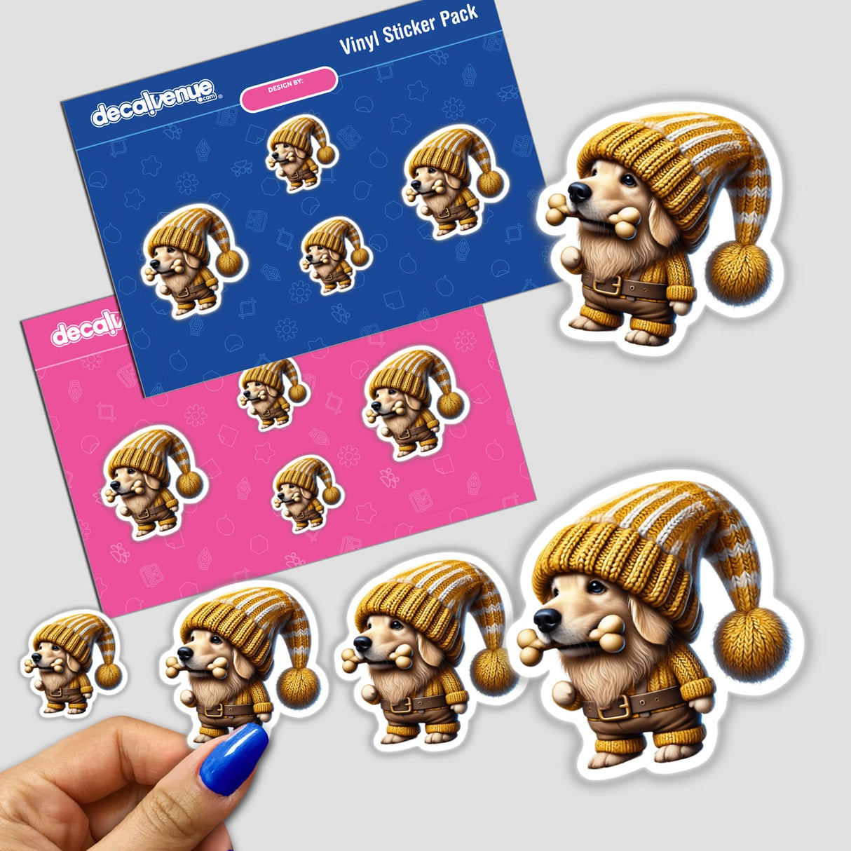 Golden Retriever Gnome with Dog Bone sticker featuring a cartoon dog in a hat and sweater, holding a bone, available as stickers or digital artwork from Decal Venue.