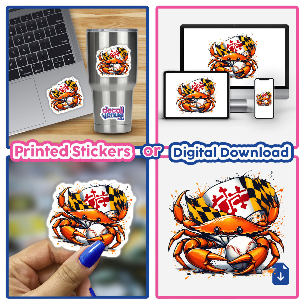 Maryland Steamed Baseball Blue Crab sticker collage featuring a cartoon crab holding a baseball and flag, ideal for laptops and phones, available as vinyl decals or digital artwork.