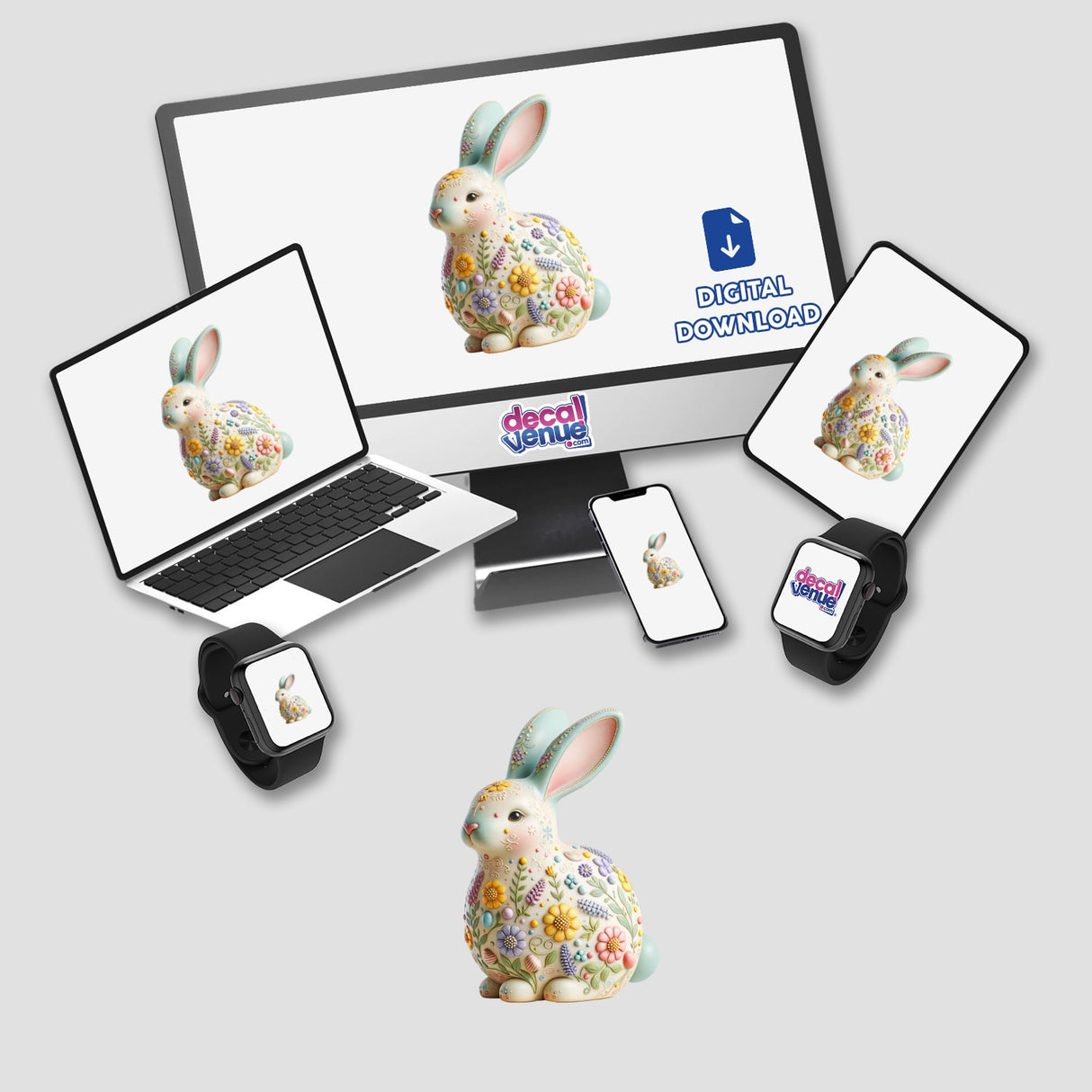 Hand-Painted Easter Bunny Figurine with Floral Design featured alongside digital devices displaying bunny-themed artwork, highlighting Decal Venue's unique approach to blending physical art with digital creativity.