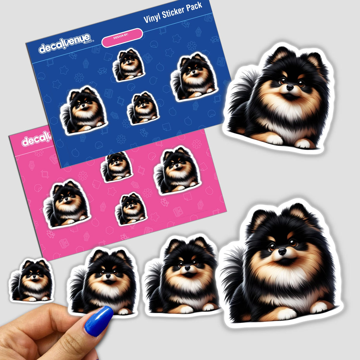 Tan and Black Pomeranian Pom Dog depicted as a sticker or digital artwork, highlighting its fluffy fur and distinctive features. Part of Decal Venue's collection of unique vinyl stickers and digital art.