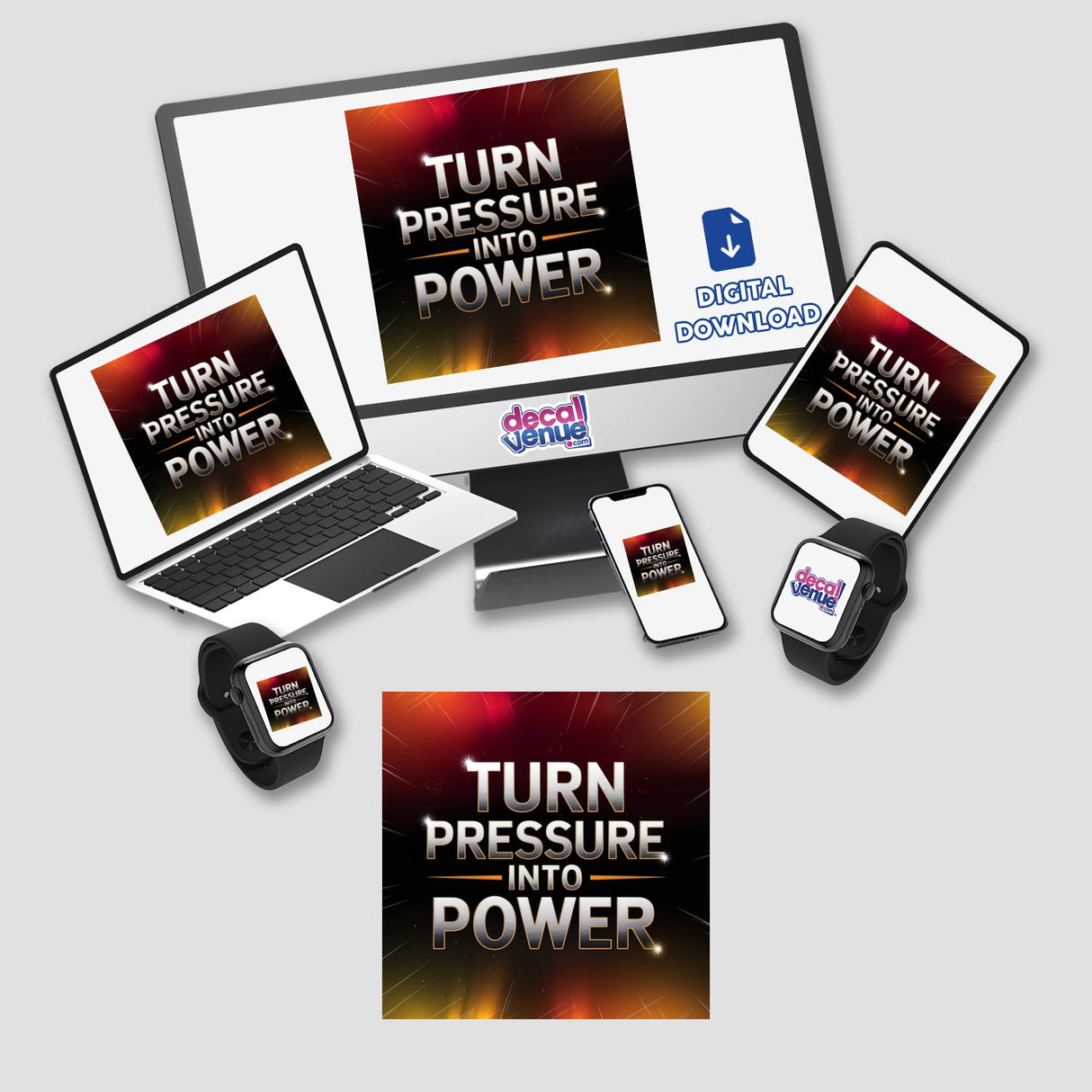 Turn pressure into power: digital artwork featuring a dynamic composition of gadgets, including a computer monitor and smartwatches, available as stickers or digital pieces from Decal Venue.
