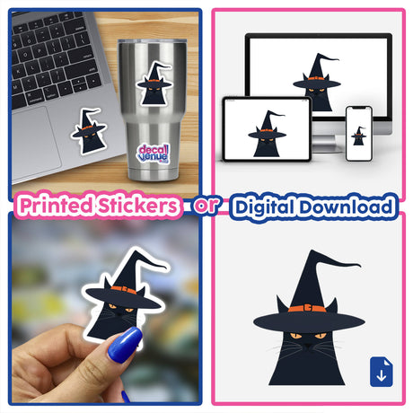 Collage featuring a Halloween Black Cat in Witch Hat sticker on laptops, cups, and more, showcasing its versatility as part of Decal Venue's unique sticker and digital art collection.