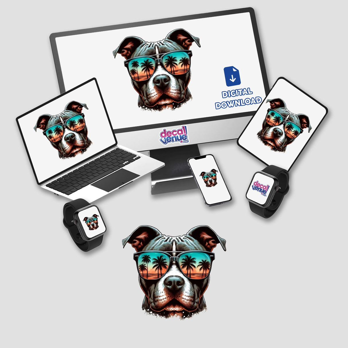 Tropical Sunglasses Pitbull Face displayed on various devices, including a laptop and smartphone, showcasing a pitbull wearing sunglasses with palm tree reflections, available as stickers or digital artwork.