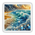 Crystal Waters - An Ocean of Shimmering Gemstones: A vibrant painting depicting a beach and water, available as stickers or digital artwork, emphasizing colorful fractal designs and aqua hues.