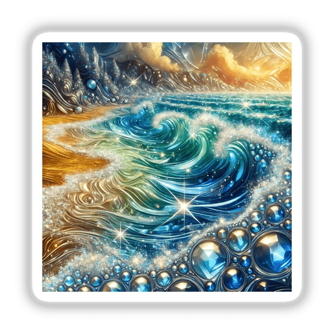 Crystal Waters - An Ocean of Shimmering Gemstones: A vibrant painting depicting a beach and water, available as stickers or digital artwork, emphasizing colorful fractal designs and aqua hues.