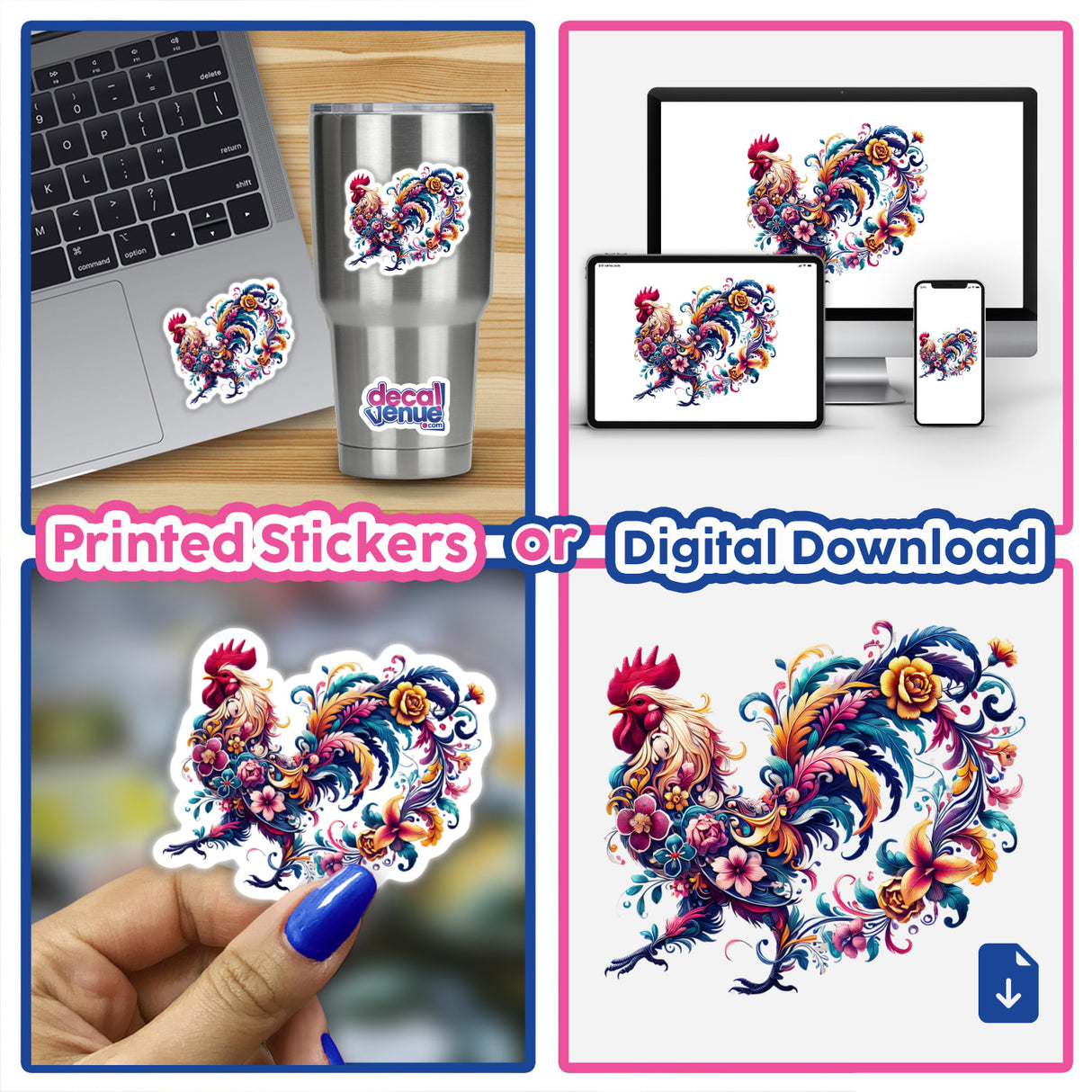 Floral Rooster sticker collage featuring vibrant rooster and flower designs, displayed on various items like a laptop and cup. Available as stickers or digital artwork from Decal Venue.