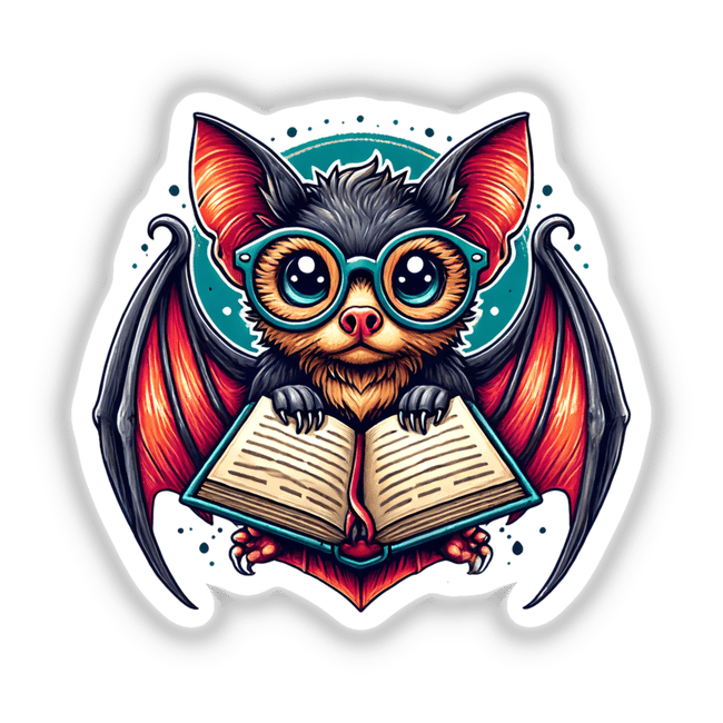 Whimsical bat with reading glasses holding an open book digital artwork