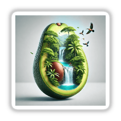 Rainforest Retreat Jungle Paradise Inside an Avocado: a digitally illustrated avocado with a waterfall, flying birds, and lush trees, available as stickers or digital artwork from Decal Venue.