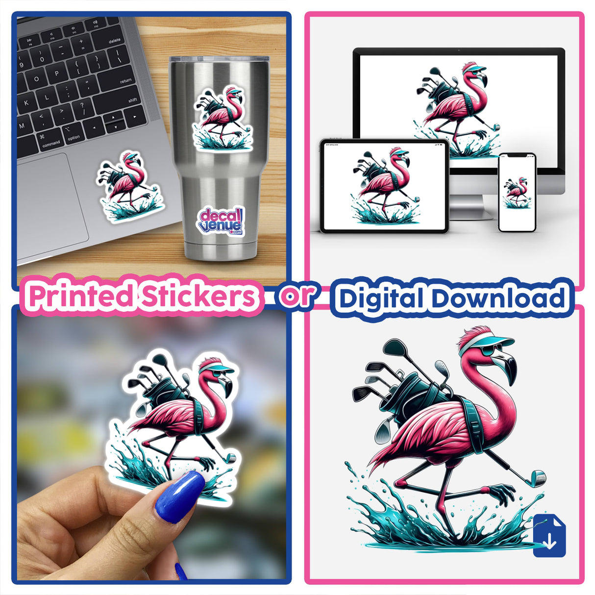 Flamingo Splash Golfer II: Cartoon flamingo with golf bag, available as vinyl stickers or digital artwork. Featured in a collage on a laptop and cup, showcasing playful design versatility.