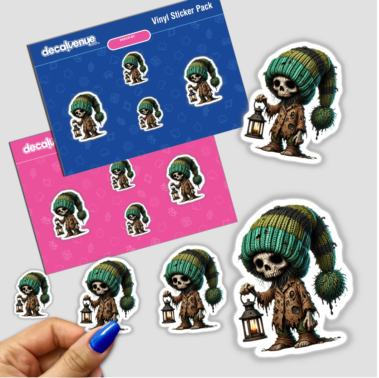 Zombie Gnome Holding Lantern sticker featuring a cartoon skeleton character holding a lantern, available as stickers or digital artwork.