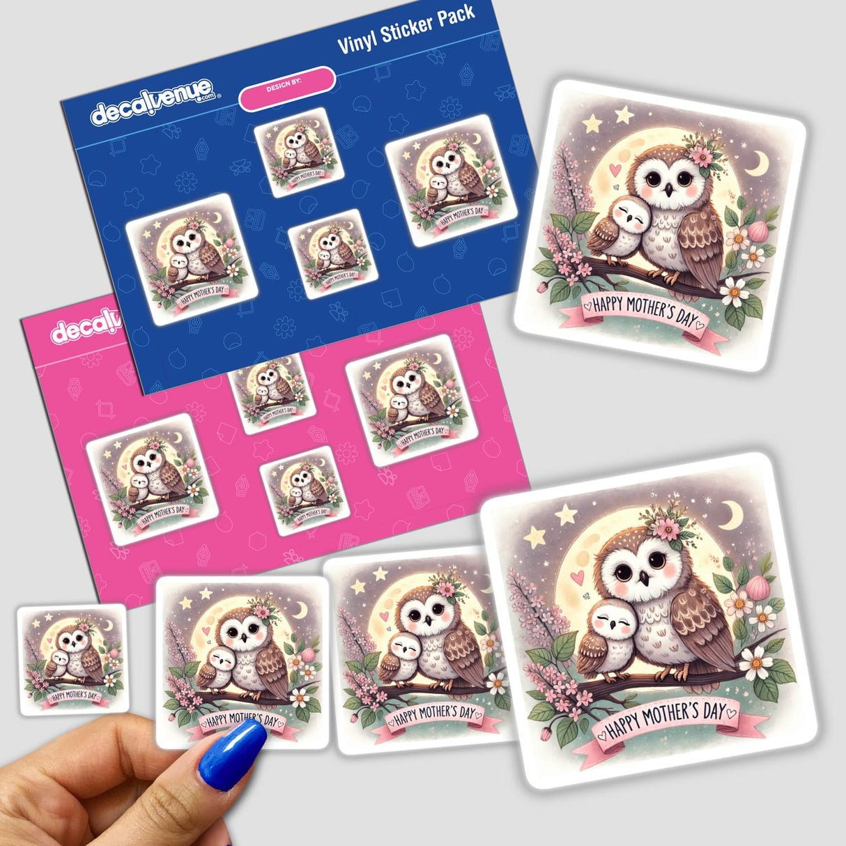 Two Cartoon Owls Happy Mother's Day Graphic features two cheerful owls, perfect for gifting as stickers or digital artwork. Ideal for celebrating Mother's Day with a whimsical touch from Decal Venue.