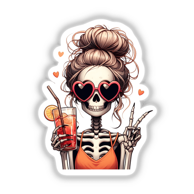 Spooky peace mama Halloween girl in orange: Skeleton wearing heart-shaped sunglasses, holding a drink with peace sign