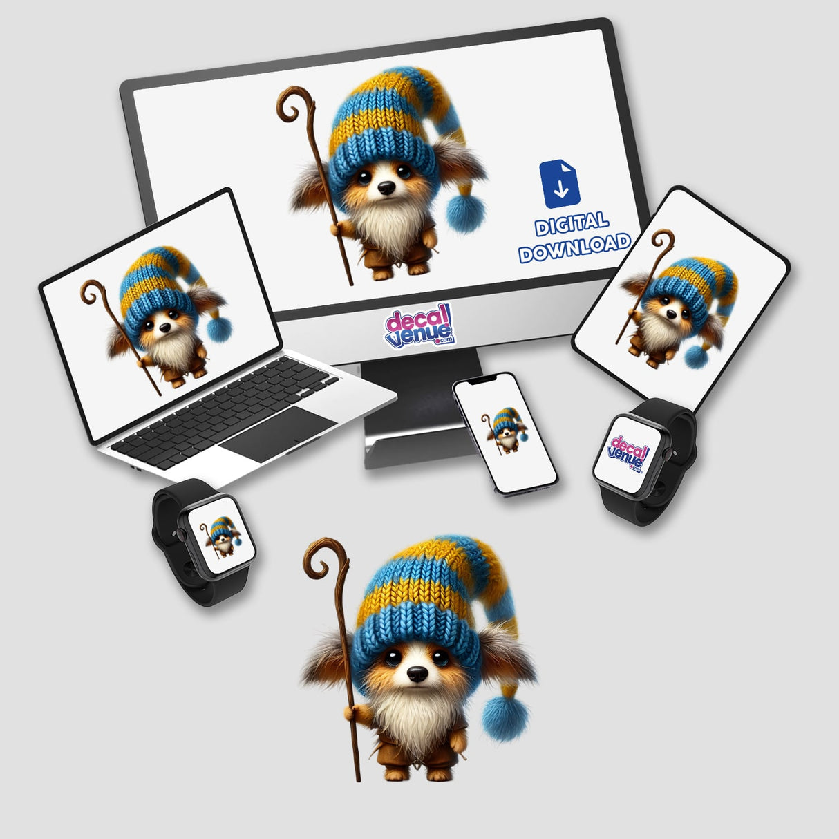 Australian Shepherd Gnome with Staff digital art displayed on various devices, ideal for stickers and DIY printables.