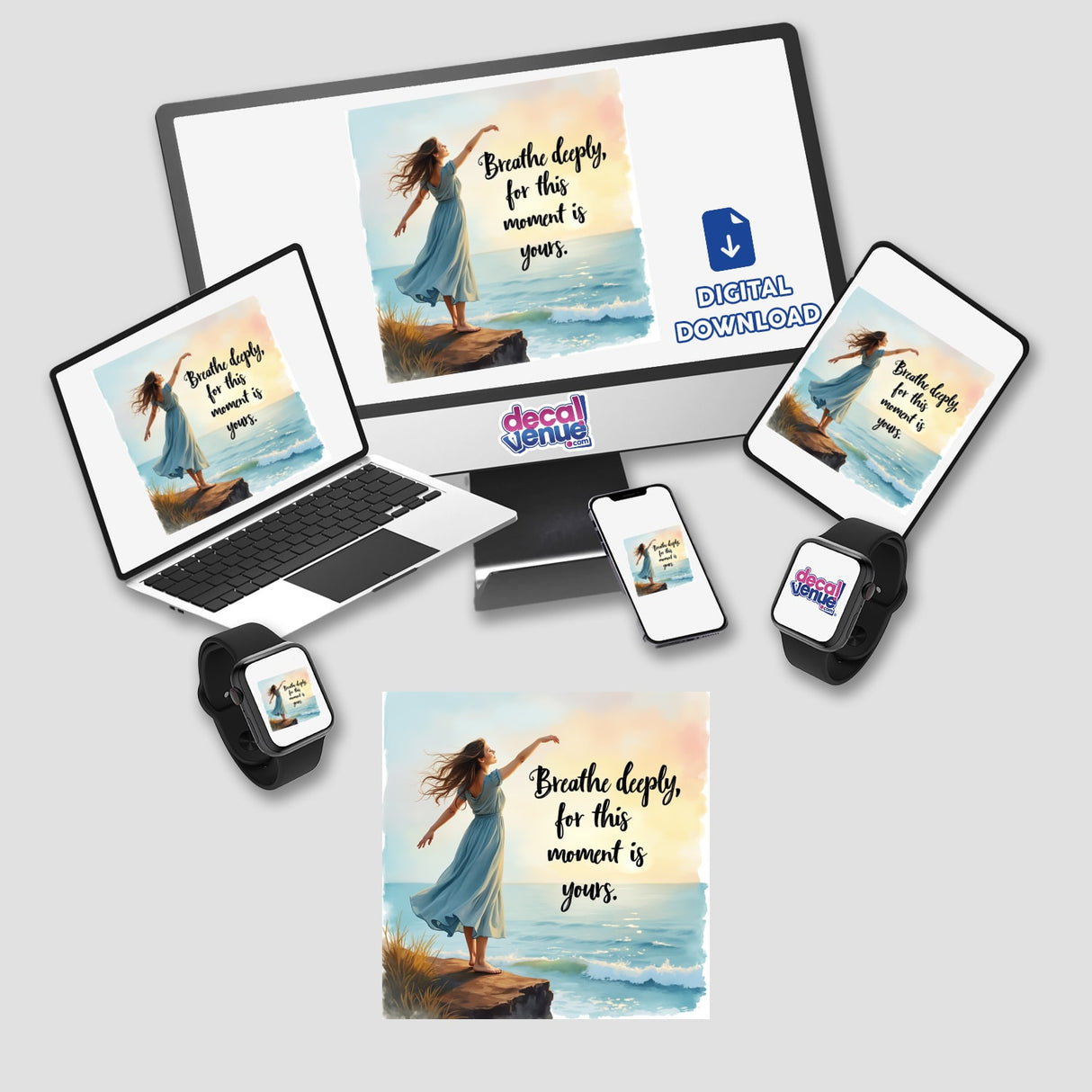 Free-Spirited Woman on a Cliff – “Breathe deeply, for this moment is yours” depicted on a computer monitor and laptop, available as unique stickers or digital artwork from Decal Venue.