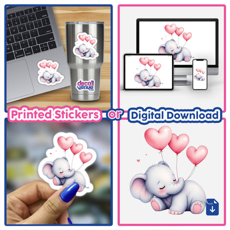 Sleepy Elephant on a Heart with Balloons sticker decorates a laptop, featuring a cartoon elephant with balloons, capturing its adorable charm and versatility for notebooks and digital artwork.