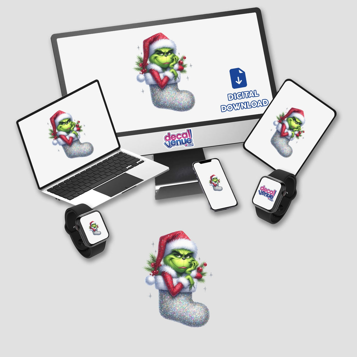 Green Grouch Santa in Sparkly Christmas Stocking displayed on a computer monitor and laptop, showcasing unique digital artwork available as stickers from Decal Venue.