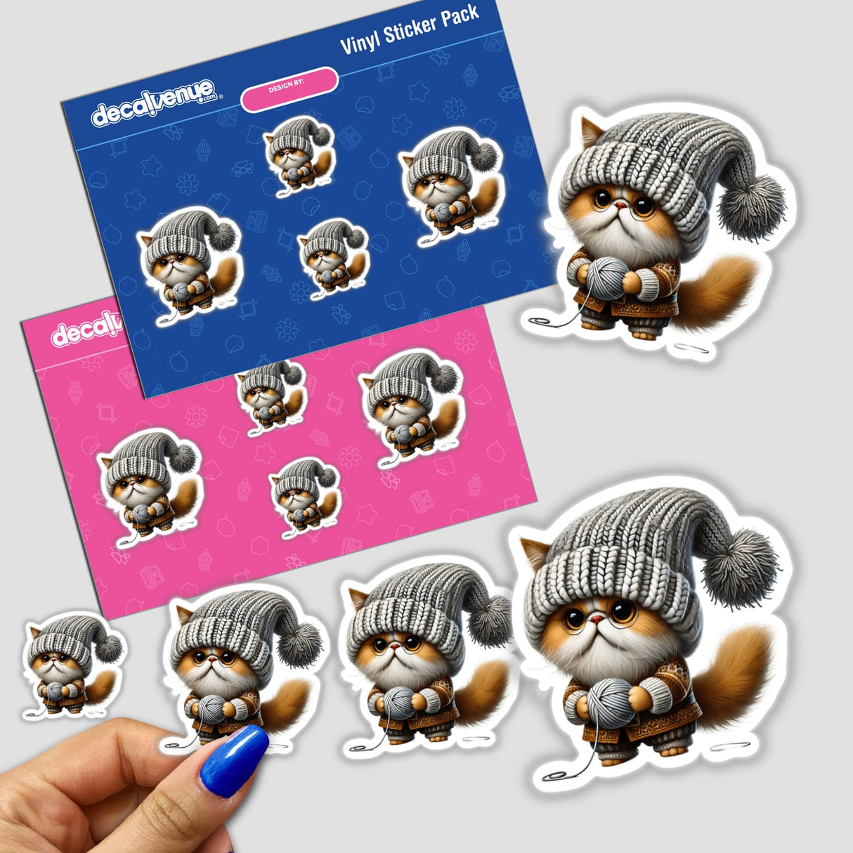 Persian Cat Gnome Holding Ball of Yarn sticker featuring a cartoon cat in a knitted hat. Available as stickers or digital artwork.