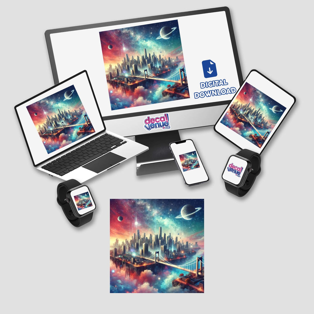 Dreamscape City - Floating Islands with Urban Skylines depicted on a computer monitor, laptop, tablet, phone, and smartwatch, available as stickers or digital artwork from Decal Venue.
