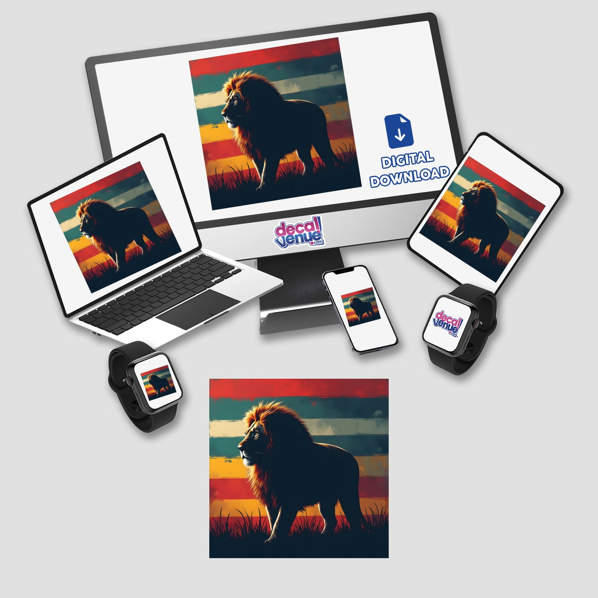 Lion Silhouette with Striking Color Stripes on a computer monitor, laptop, tablet, and phone screen, available as stickers or digital artwork.