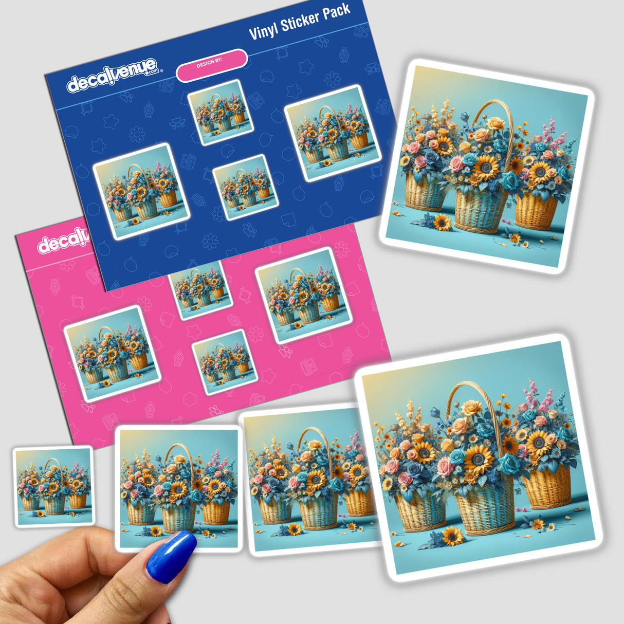 Elegant Woven Baskets with Sunflowers and Roses sticker pack held in a hand, showcasing intricate floral designs. Perfect for unique sticker collections, available at Decal Venue.