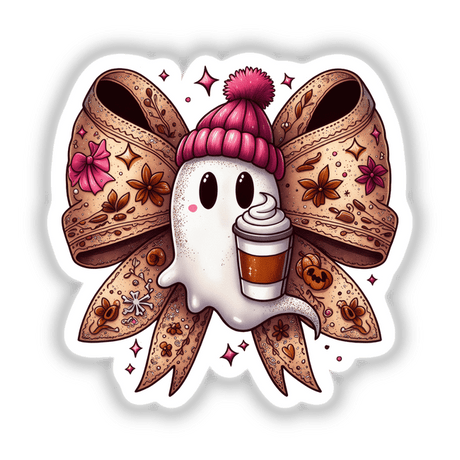 Cartoon illustrating Coquette Bow w/ Pumpkin Spice Ghost holding a coffee cup, wearing a hat, available as stickers or digital artwork.