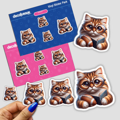 Cat in Reading Glasses with Open Book and Football sticker showing a curious cat with glasses, holding a book, and sitting beside a football. Perfect for cat lovers and sports enthusiasts.