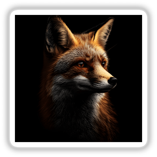 Cinematic Fox Portrait on Black Background, highlighting a close-up of a fox's face. Available as unique stickers or digital artwork from Decal Venue.